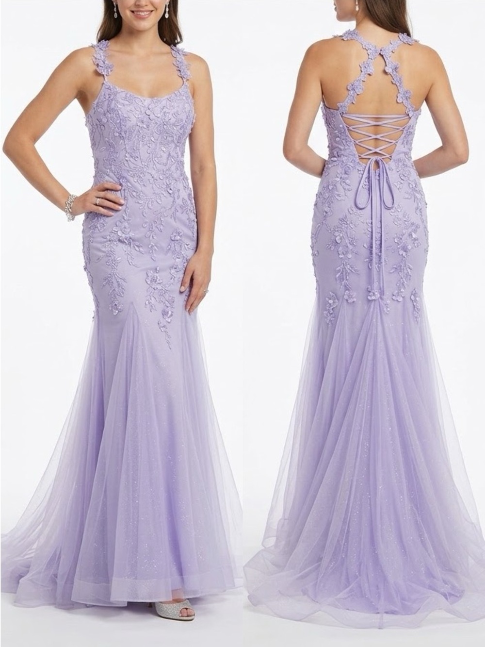 JULES & CLEO Lilac Spaghetti-Strap Mermaid Dress with 3D Floral Appliqué size 4